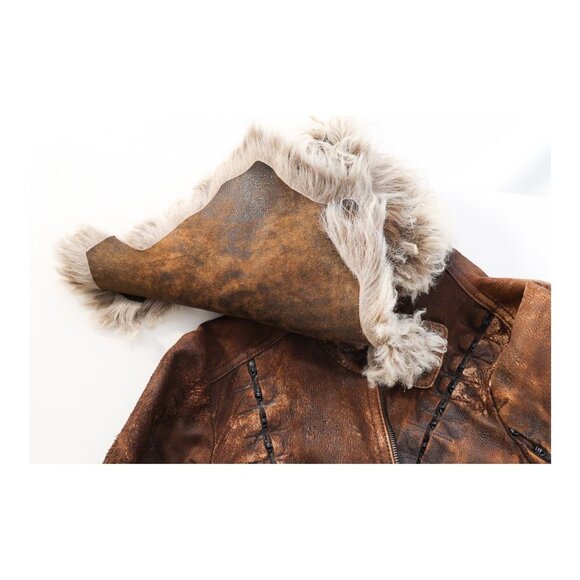 PLEIN SUD Brown Hook & Loop Detail Real Fur Distressed Leather Jacket - Picture 14 of 15